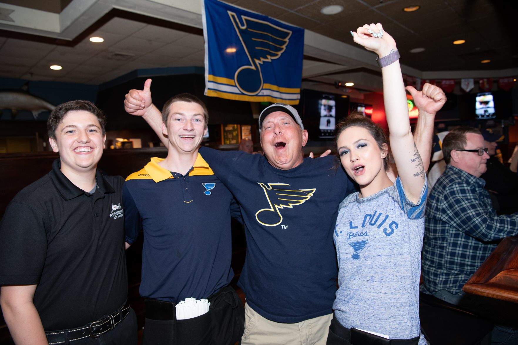 Blues fans watch Game 5 of Western Conference Finals at Syberg's on Dorsett